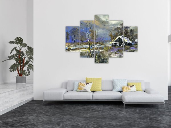 Slika koče v zimski pokrajini, oljna slika (150x105 cm)