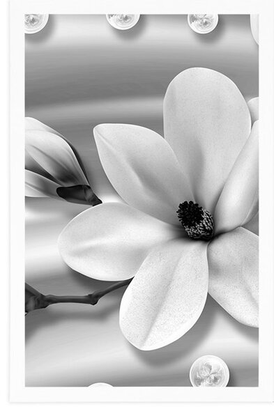 Plakat luksuzna magnolija s biserima u crno-bijelom dizajnu