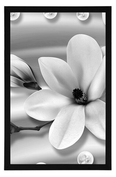 Plakat luksuzna magnolija s biserima u crno-bijelom dizajnu