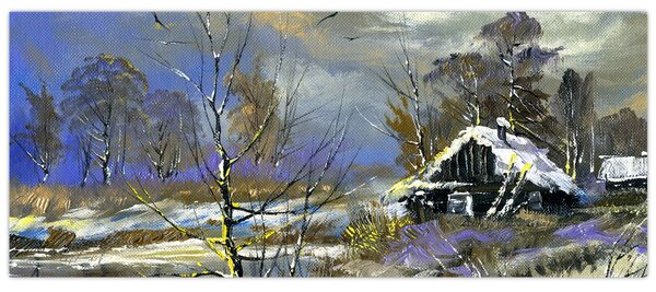 Slika koče v zimski pokrajini, oljna slika (120x50 cm)