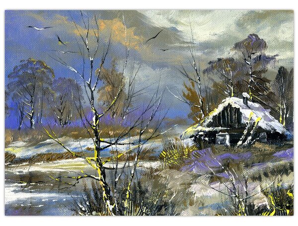 Slika koče v zimski pokrajini, oljna slika (70x50 cm)