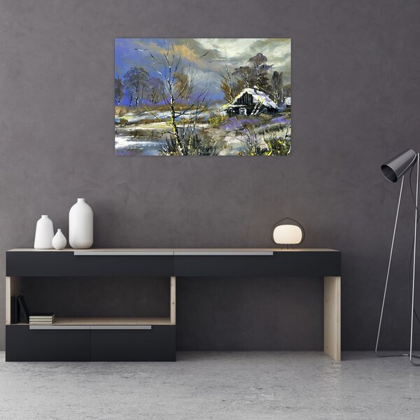Slika koče v zimski pokrajini, oljna slika (90x60 cm)