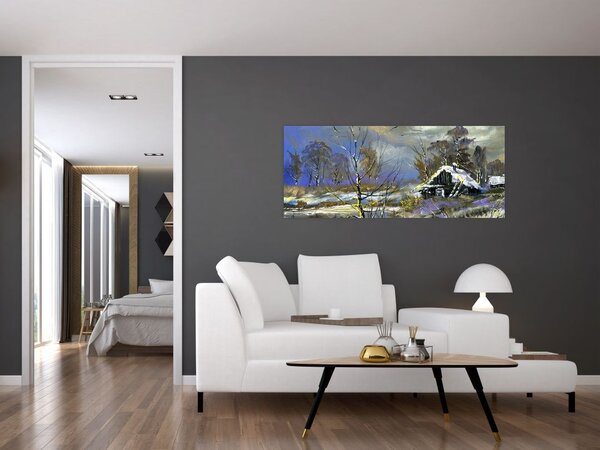 Slika koče v zimski pokrajini, oljna slika (120x50 cm)