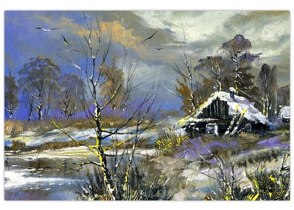 Slika koče v zimski pokrajini, oljna slika (90x60 cm)
