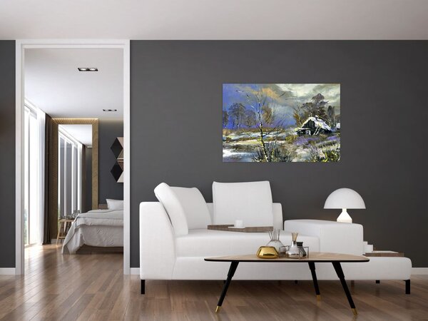Slika koče v zimski pokrajini, oljna slika (90x60 cm)