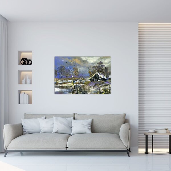 Slika koče v zimski pokrajini, oljna slika (90x60 cm)