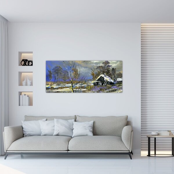 Slika koče v zimski pokrajini, oljna slika (120x50 cm)