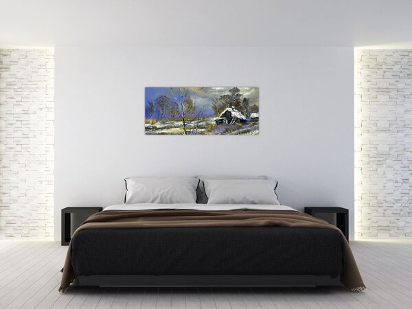 Slika koče v zimski pokrajini, oljna slika (120x50 cm)