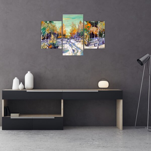 Slika - Zasnežena pot skozi gozd, oljna slika (90x60 cm)