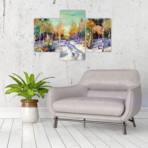 Slika - Zasnežena pot skozi gozd, oljna slika (90x60 cm)