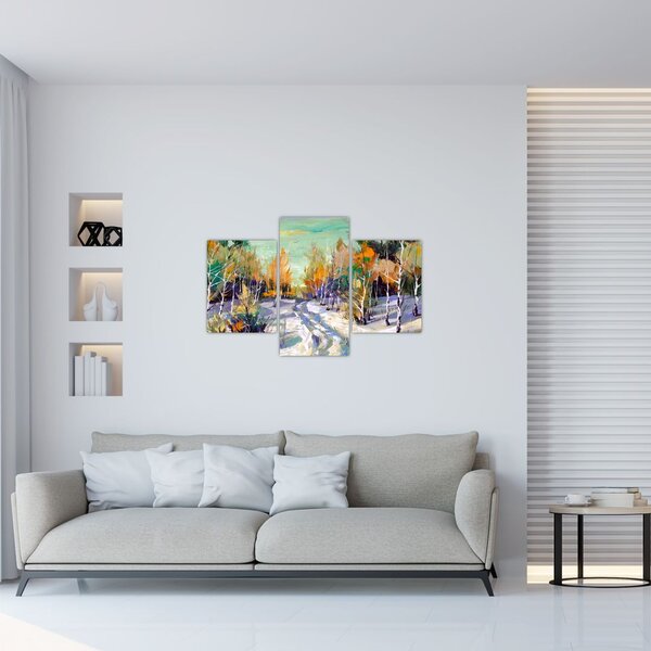 Slika - Zasnežena pot skozi gozd, oljna slika (90x60 cm)