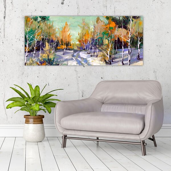 Slika - Zasnežena pot skozi gozd, oljna slika (120x50 cm)
