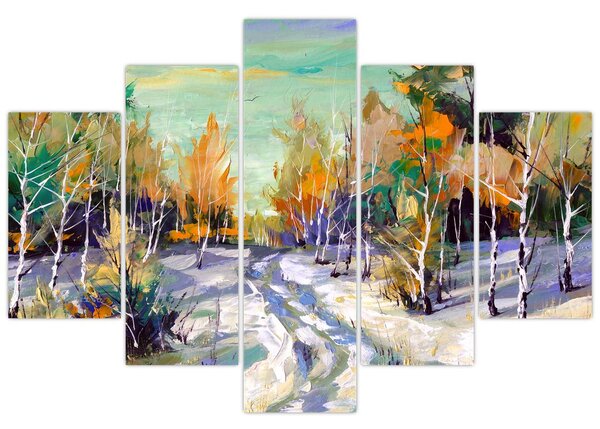 Slika - Zasnežena pot skozi gozd, oljna slika (150x105 cm)