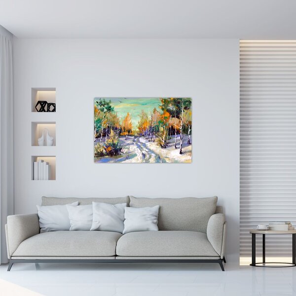 Slika - Zasnežena pot skozi gozd, oljna slika (90x60 cm)