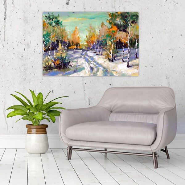 Slika - Zasnežena pot skozi gozd, oljna slika (90x60 cm)