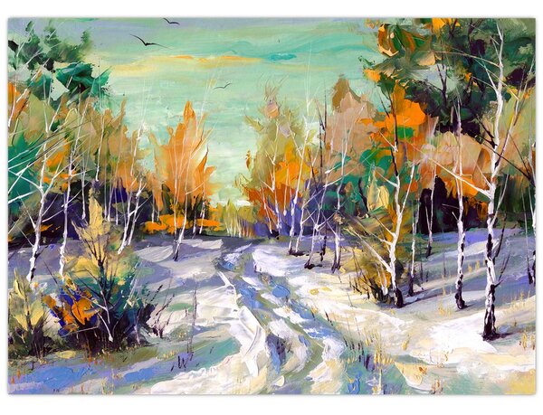 Slika - Zasnežena pot skozi gozd, oljna slika (70x50 cm)