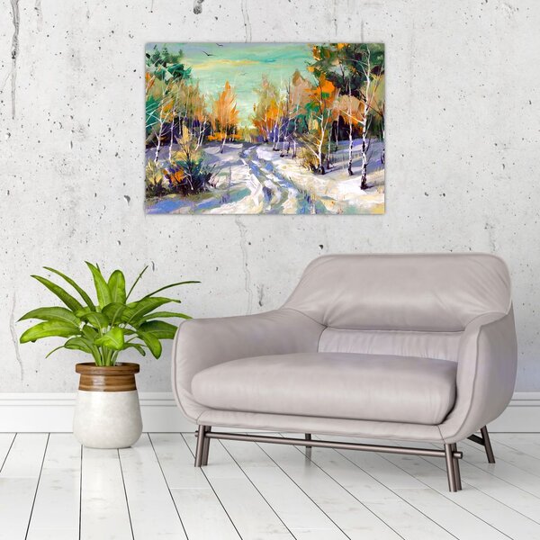 Slika - Zasnežena pot skozi gozd, oljna slika (70x50 cm)