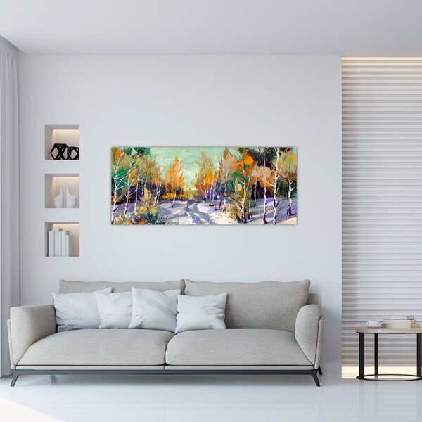 Slika - Zasnežena pot skozi gozd, oljna slika (120x50 cm)