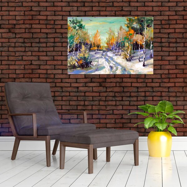 Slika - Zasnežena pot skozi gozd, oljna slika (90x60 cm)