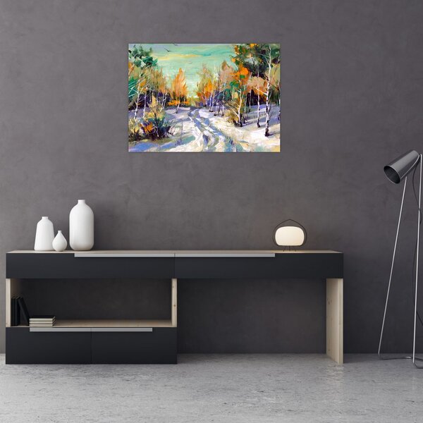 Slika - Zasnežena pot skozi gozd, oljna slika (70x50 cm)