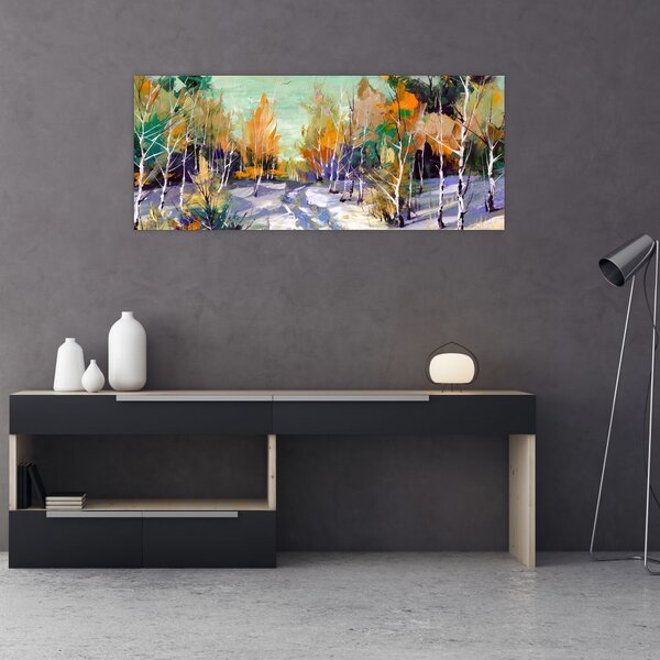Slika - Zasnežena pot skozi gozd, oljna slika (120x50 cm)