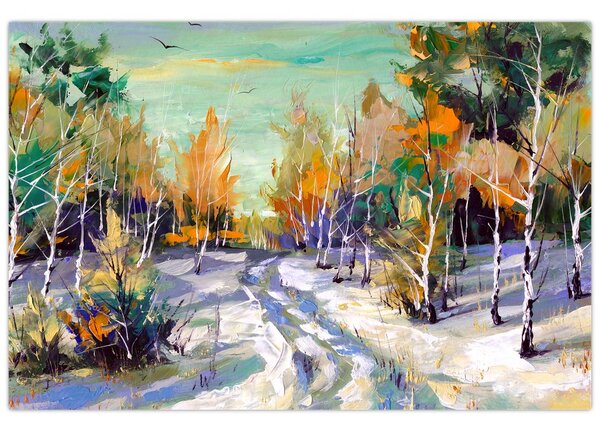 Slika - Zasnežena pot skozi gozd, oljna slika (90x60 cm)