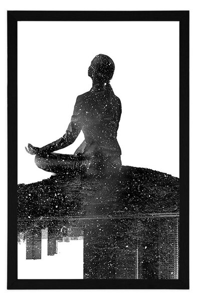 Plakat meditacija žene u crno-bijelom dizajnu