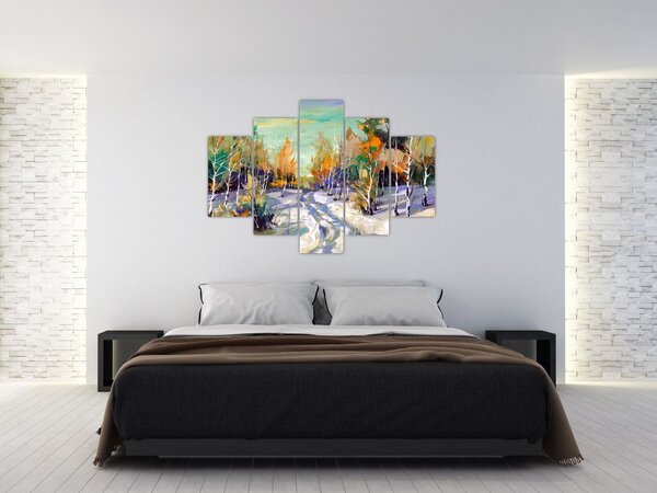 Slika - Zasnežena pot skozi gozd, oljna slika (150x105 cm)
