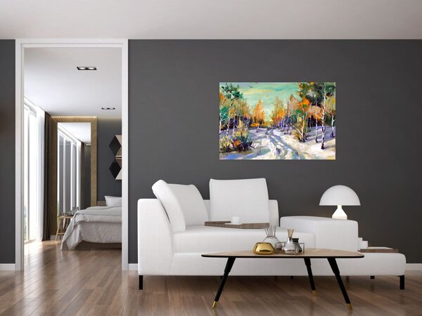 Slika - Zasnežena pot skozi gozd, oljna slika (90x60 cm)