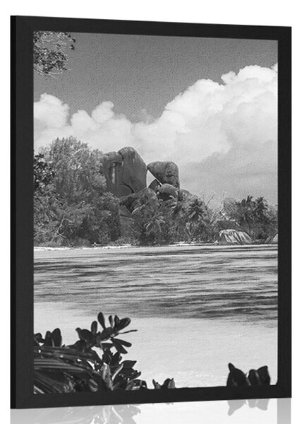 Plakat prekrasna plaža na otoku La Digue u crno-bijelom dizajnu