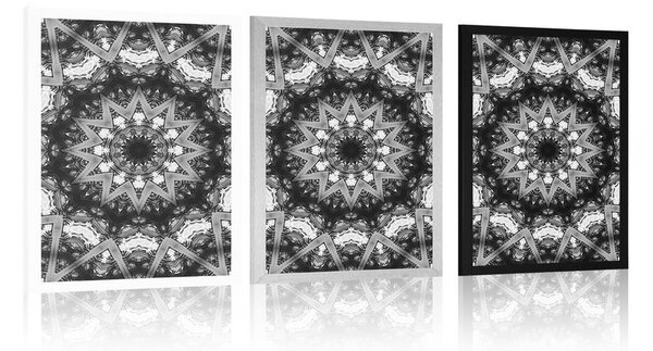 Plakat Mandala sa zanimljivim elementima u pozadini u crno-bijelom dizajnu