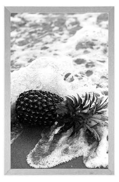 Plakat ananas u valu oceana u crno-bijelom dizajnu