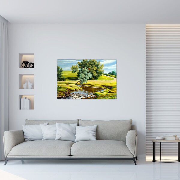 Slika - Reka med travniki, oljna slika (90x60 cm)