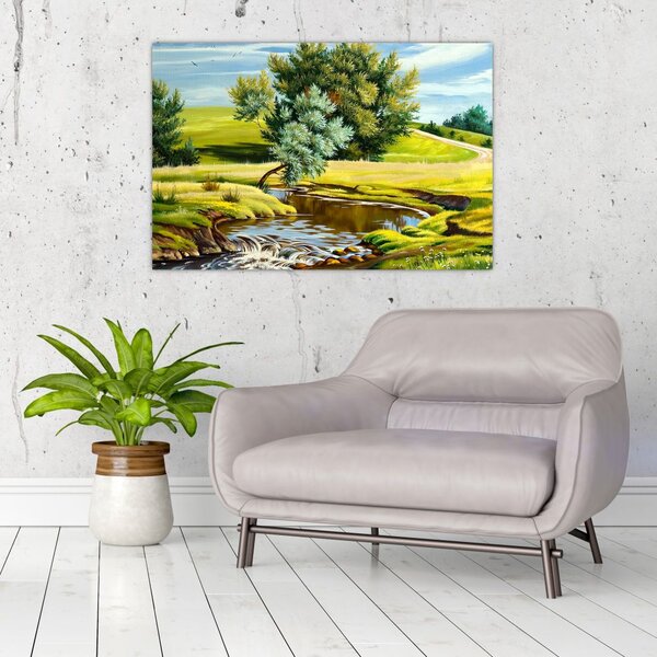 Slika - Reka med travniki, oljna slika (90x60 cm)
