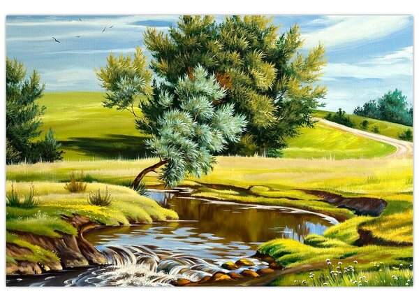Slika - Reka med travniki, oljna slika (90x60 cm)
