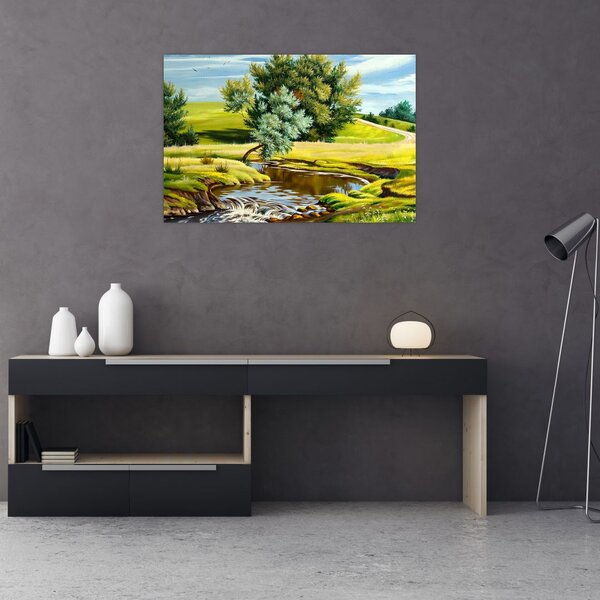 Slika - Reka med travniki, oljna slika (90x60 cm)