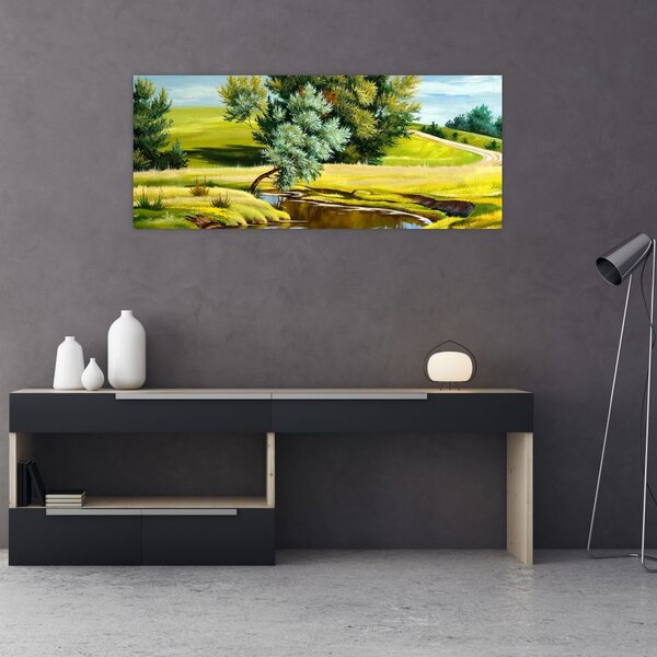 Slika - Reka med travniki, oljna slika (120x50 cm)