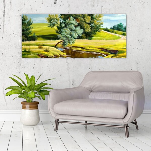 Slika - Reka med travniki, oljna slika (120x50 cm)