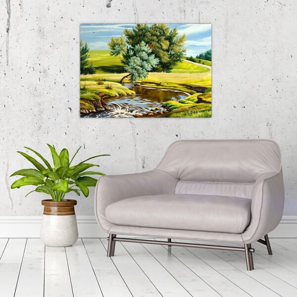 Slika - Reka med travniki, oljna slika (70x50 cm)
