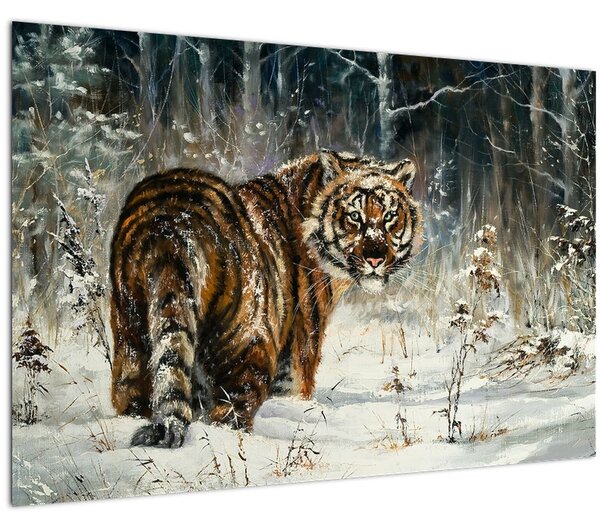 Slika - Tiger v zasneženem gozdu, oljna slika (90x60 cm)