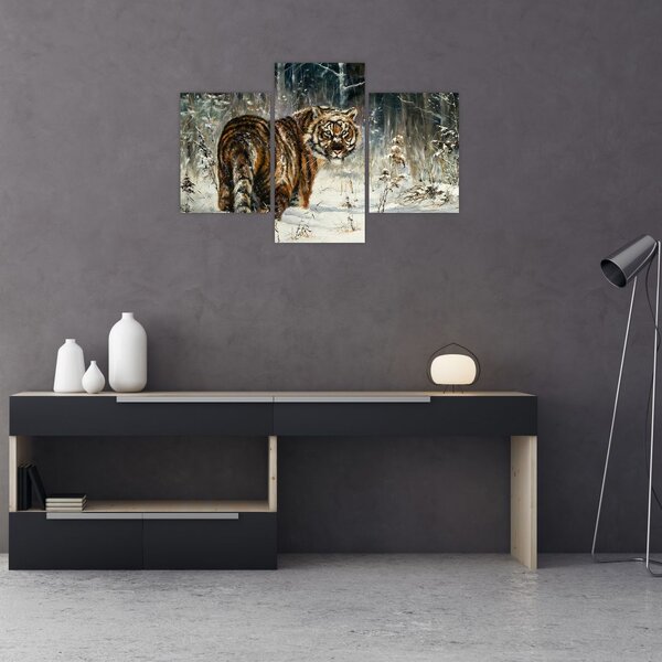 Slika - Tiger v zasneženem gozdu, oljna slika (90x60 cm)