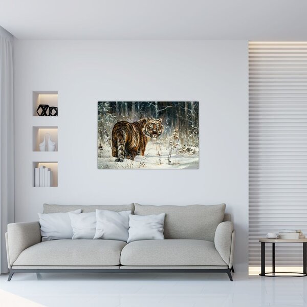 Slika - Tiger v zasneženem gozdu, oljna slika (90x60 cm)
