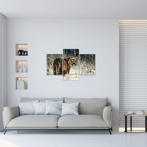 Slika - Tiger v zasneženem gozdu, oljna slika (90x60 cm)