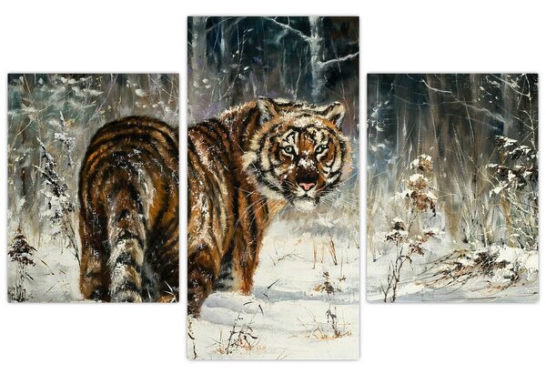 Slika - Tiger v zasneženem gozdu, oljna slika (90x60 cm)