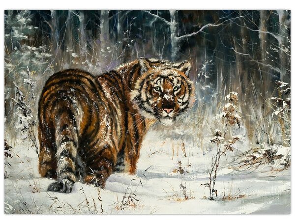 Slika - Tiger v zasneženem gozdu, oljna slika (70x50 cm)