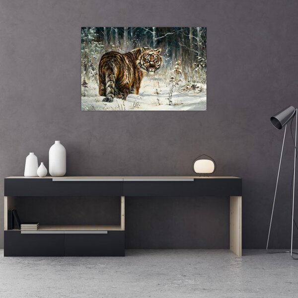 Slika - Tiger v zasneženem gozdu, oljna slika (90x60 cm)