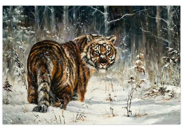 Slika - Tiger v zasneženem gozdu, oljna slika (90x60 cm)