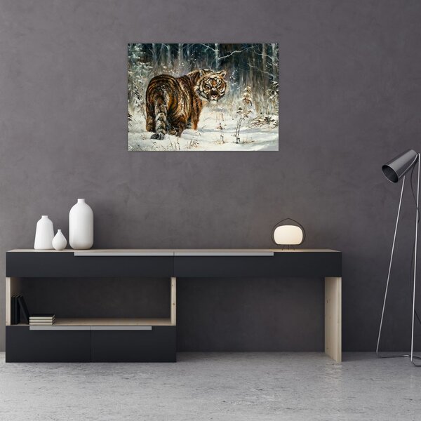 Slika - Tiger v zasneženem gozdu, oljna slika (70x50 cm)