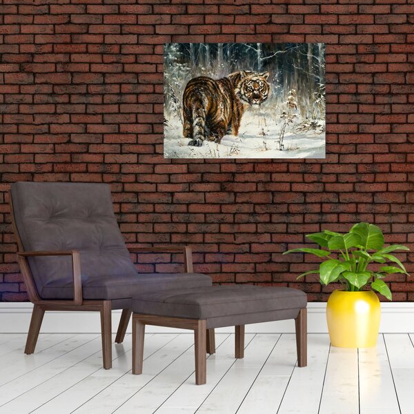 Slika - Tiger v zasneženem gozdu, oljna slika (70x50 cm)