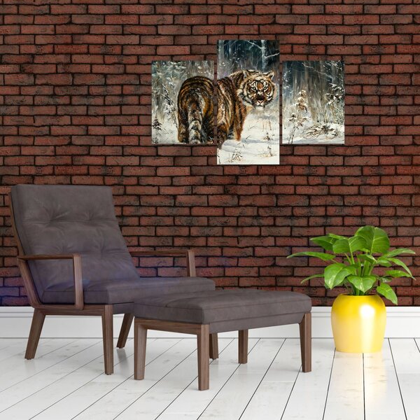Slika - Tiger v zasneženem gozdu, oljna slika (90x60 cm)
